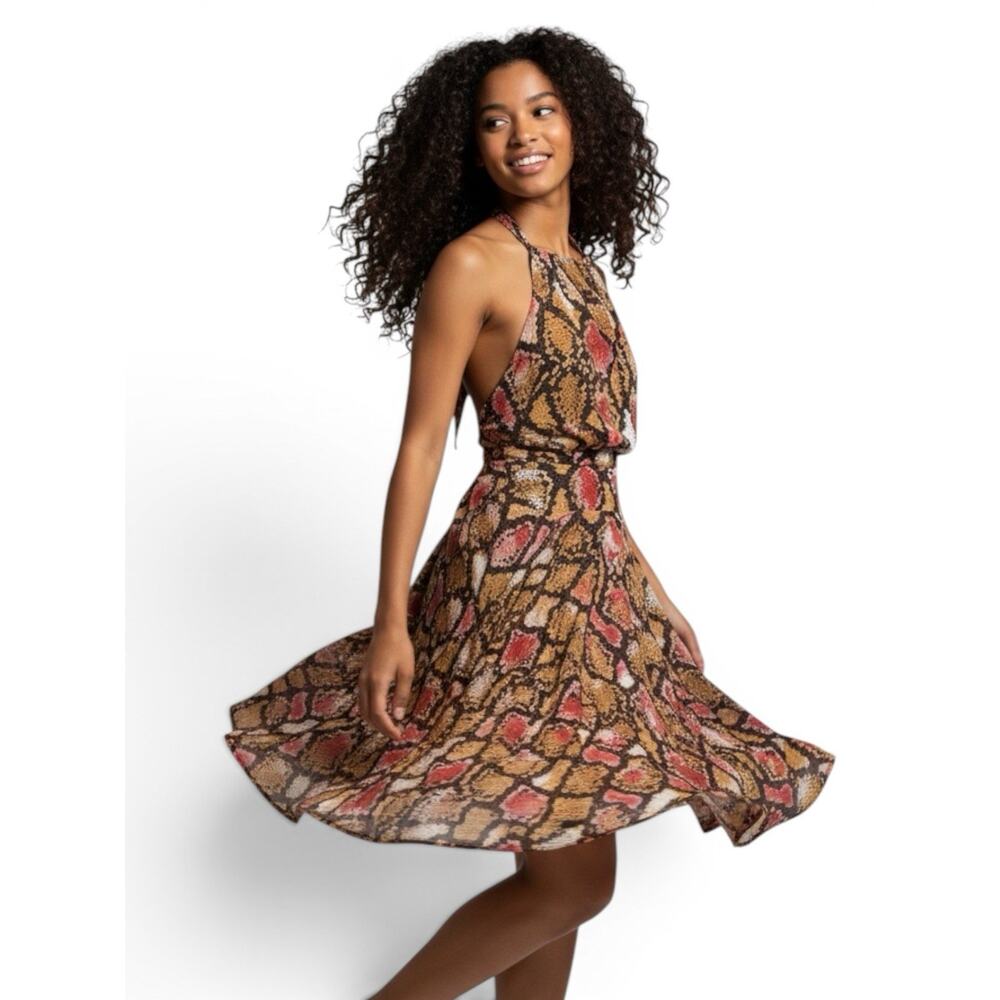 Monica Ricci Multicolor Snake Print Halter Backless Fit & Flare Dress 40